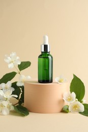 Photo of Cosmetic product and jasmine flowers on beige background