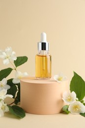 Photo of Cosmetic product and jasmine flowers on beige background