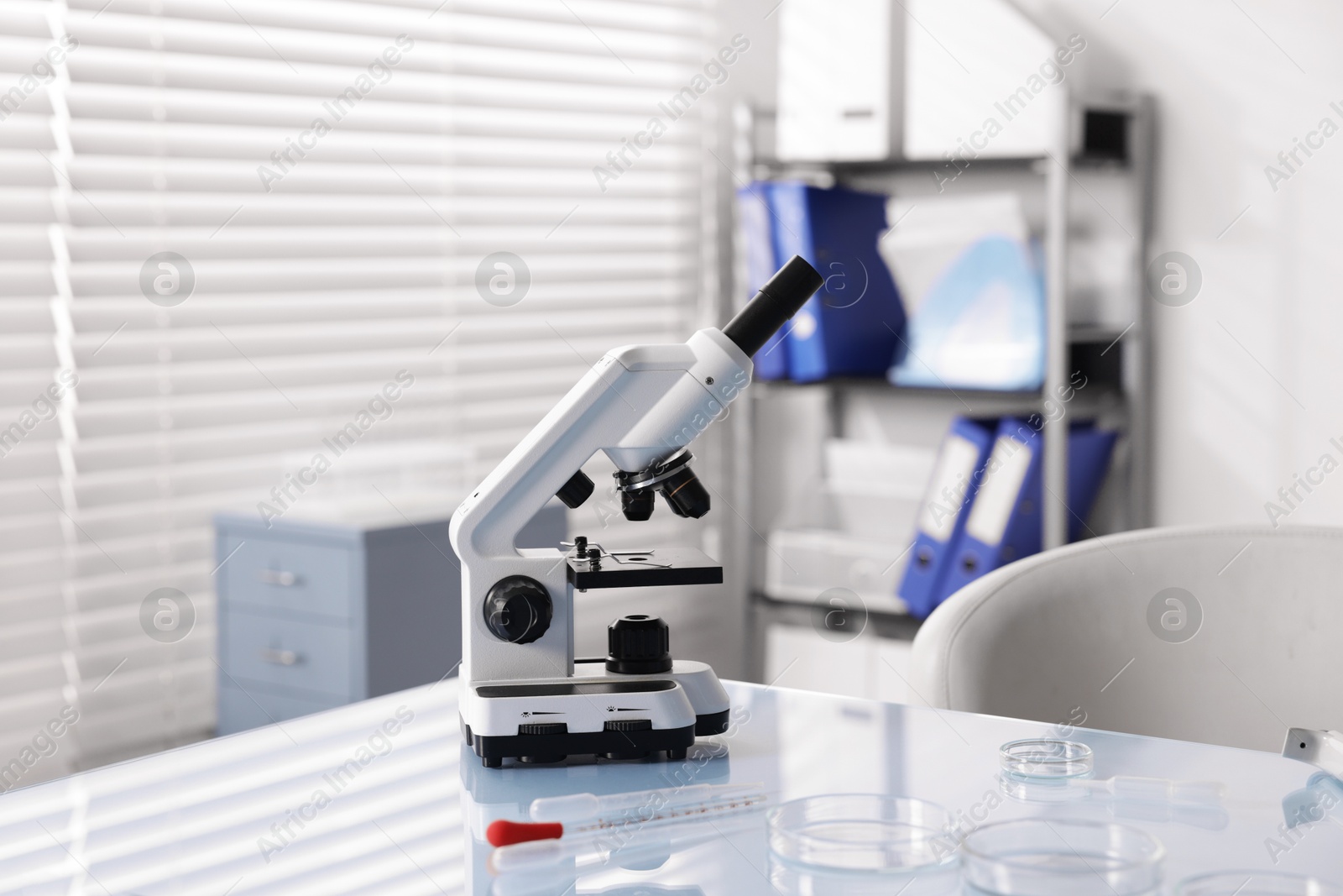 Petri dishes and microscope on white table in laboratory Photo of Petri dishes and microscope on white table in laboratory