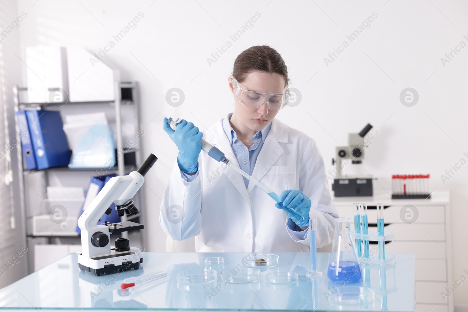 Scientist working with sample in Petri dish at table in laboratory Photo of Scientist working with sample in Petri dish at table in laboratory