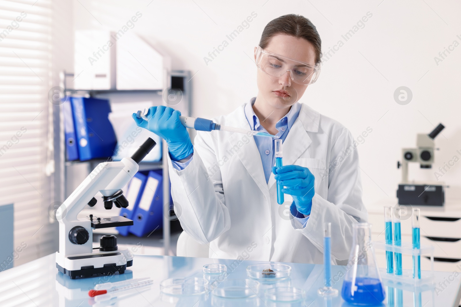 Scientist working with sample in Petri dish at table in laboratory Photo of Scientist working with sample in Petri dish at table in laboratory