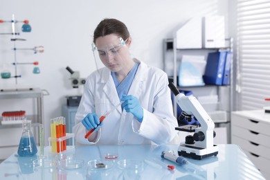 Photo of Scientist working with sample in Petri dish at table in laboratory