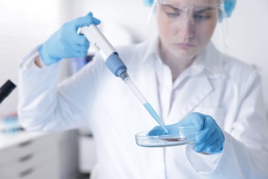 Photo of Scientist working with sample in Petri dish in laboratory, selective focus