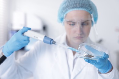 Photo of Scientist working with sample in Petri dish in laboratory, selective focus