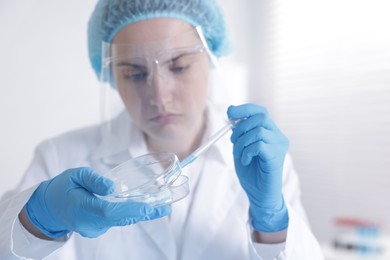 Photo of Scientist working with sample in Petri dish in laboratory, selective focus