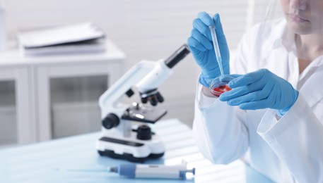 Photo of Scientist working with sample in Petri dish at table in laboratory, closeup