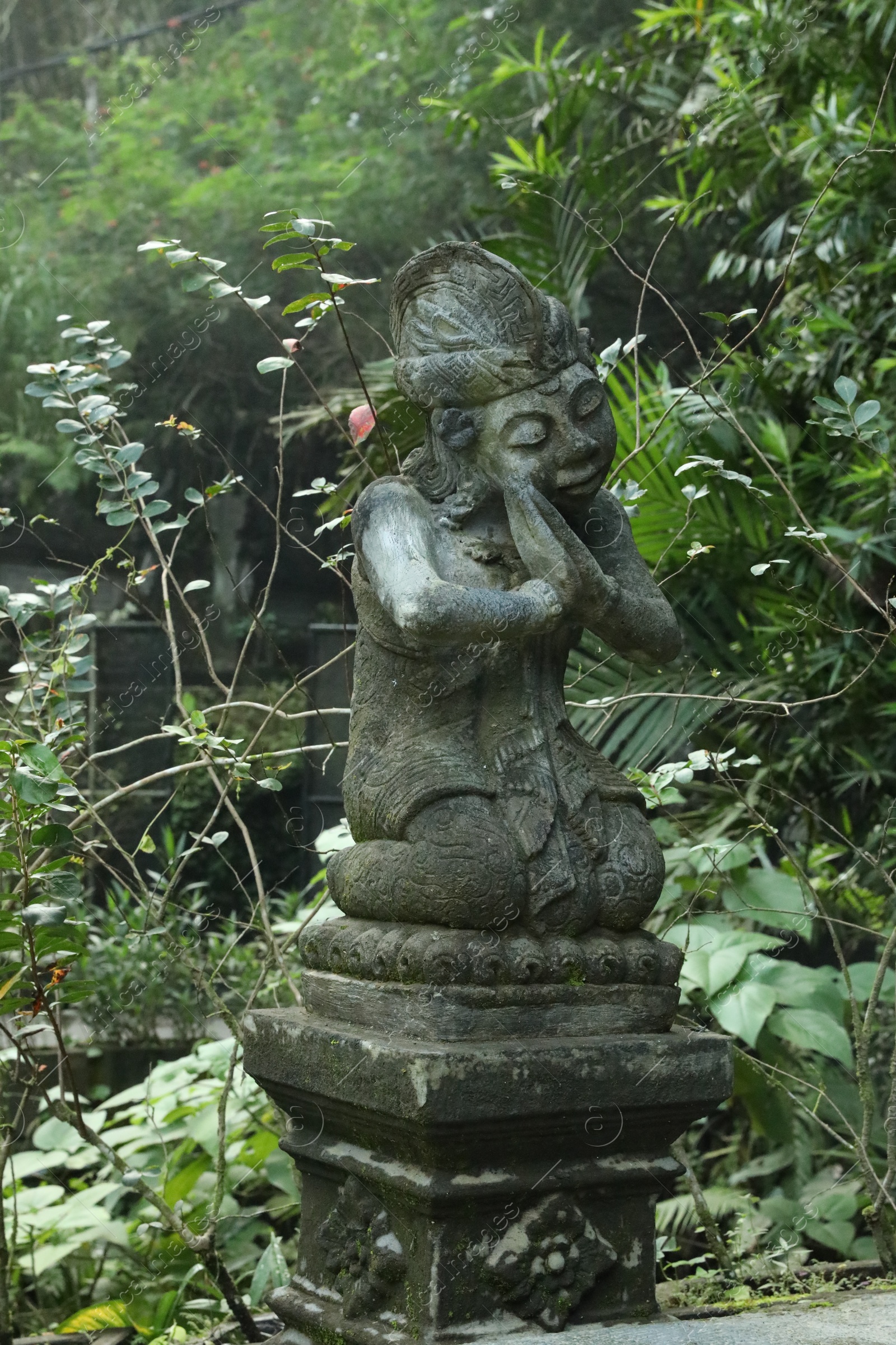 Bali, Indonesia - May 24, 2025: Beautiful ancient statue and green plants outdoors Photo of Bali, Indonesia - May 24, 2025: Beautiful ancient statue and green plants outdoors