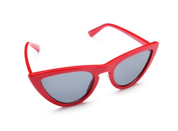 Photo of Stylish red sunglasses isolated on white. Beach accessory