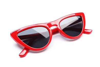 Photo of Stylish red sunglasses isolated on white. Beach accessory