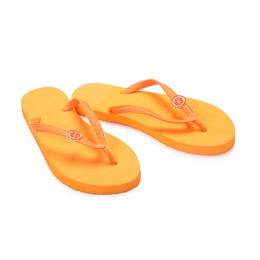 Photo of Stylish orange flip flops isolated on white. Beach accessory