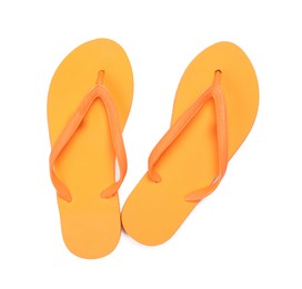 Photo of Stylish orange flip flops isolated on white, top view. Beach accessory