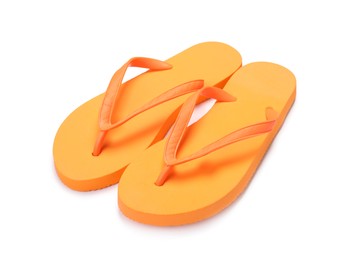 Photo of Stylish orange flip flops isolated on white. Beach accessory