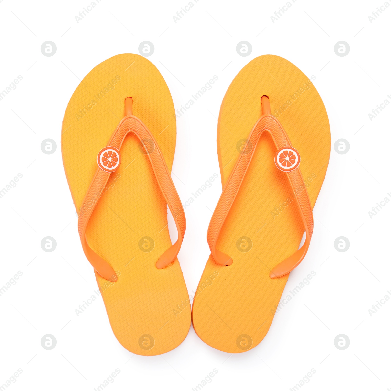 Stylish orange flip flops isolated on white, top view. Beach accessory Photo of Stylish orange flip flops isolated on white, top view. Beach accessory