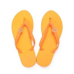 Photo of Stylish orange flip flops isolated on white, top view. Beach accessory