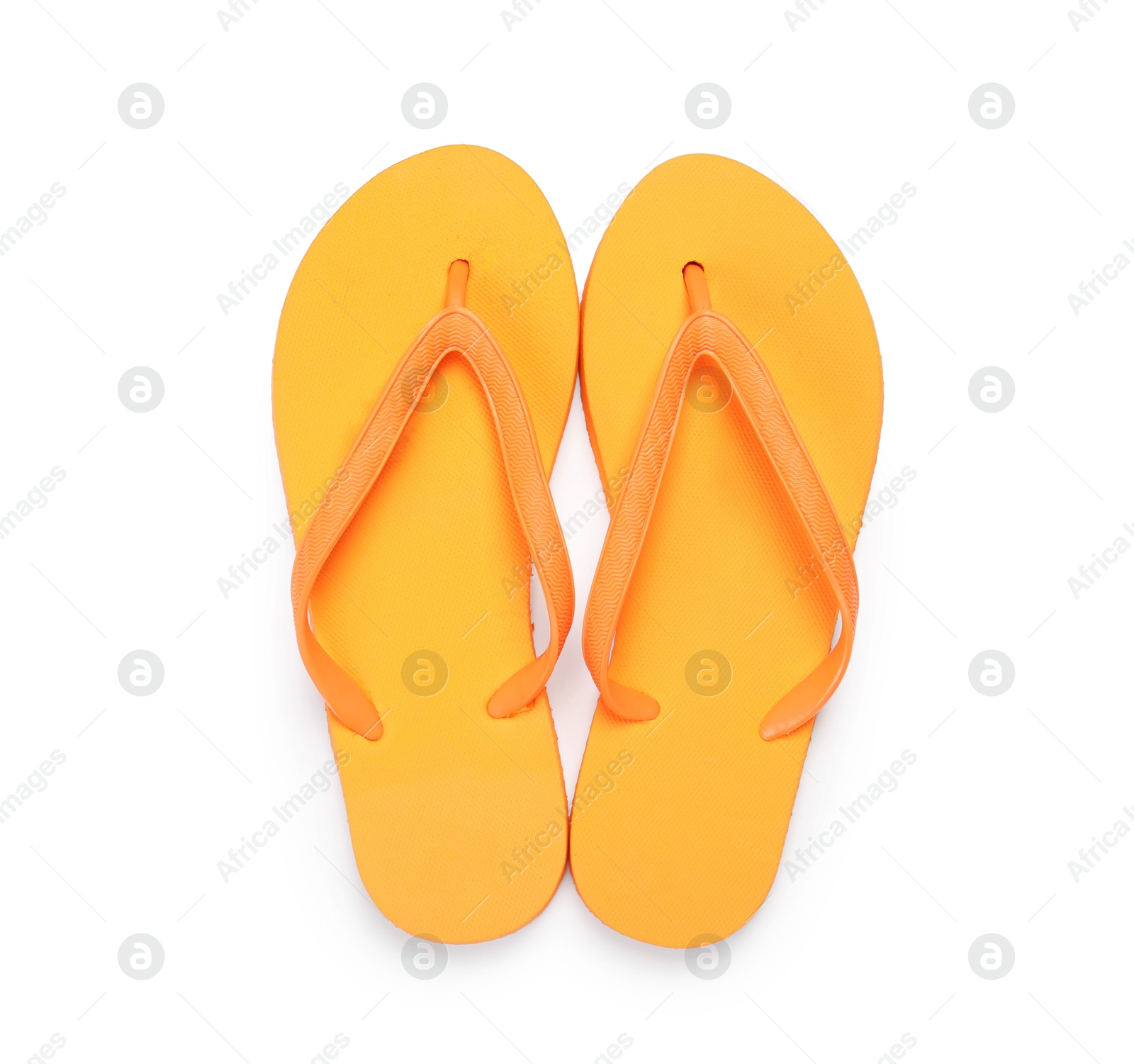 Stylish orange flip flops isolated on white, top view. Beach accessory Photo of Stylish orange flip flops isolated on white, top view. Beach accessory