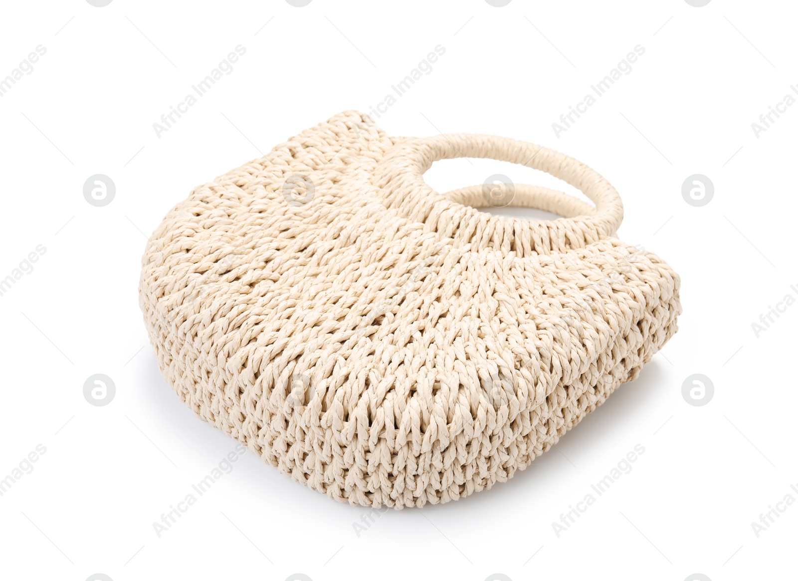 Stylish wicker bag isolated on white. Beach accessory Photo of Stylish wicker bag isolated on white. Beach accessory