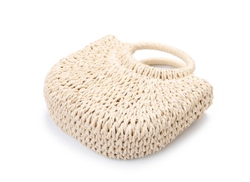 Photo of Stylish wicker bag isolated on white. Beach accessory