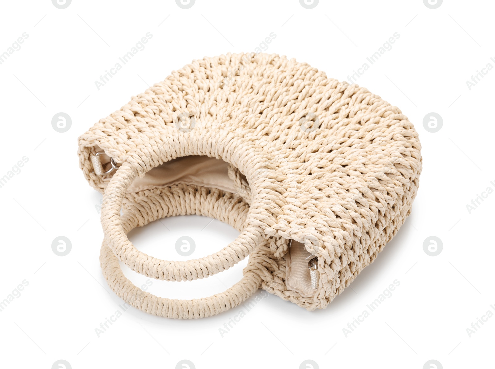 Stylish wicker bag isolated on white. Beach accessory Photo of Stylish wicker bag isolated on white. Beach accessory