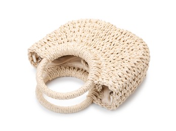 Photo of Stylish wicker bag isolated on white. Beach accessory