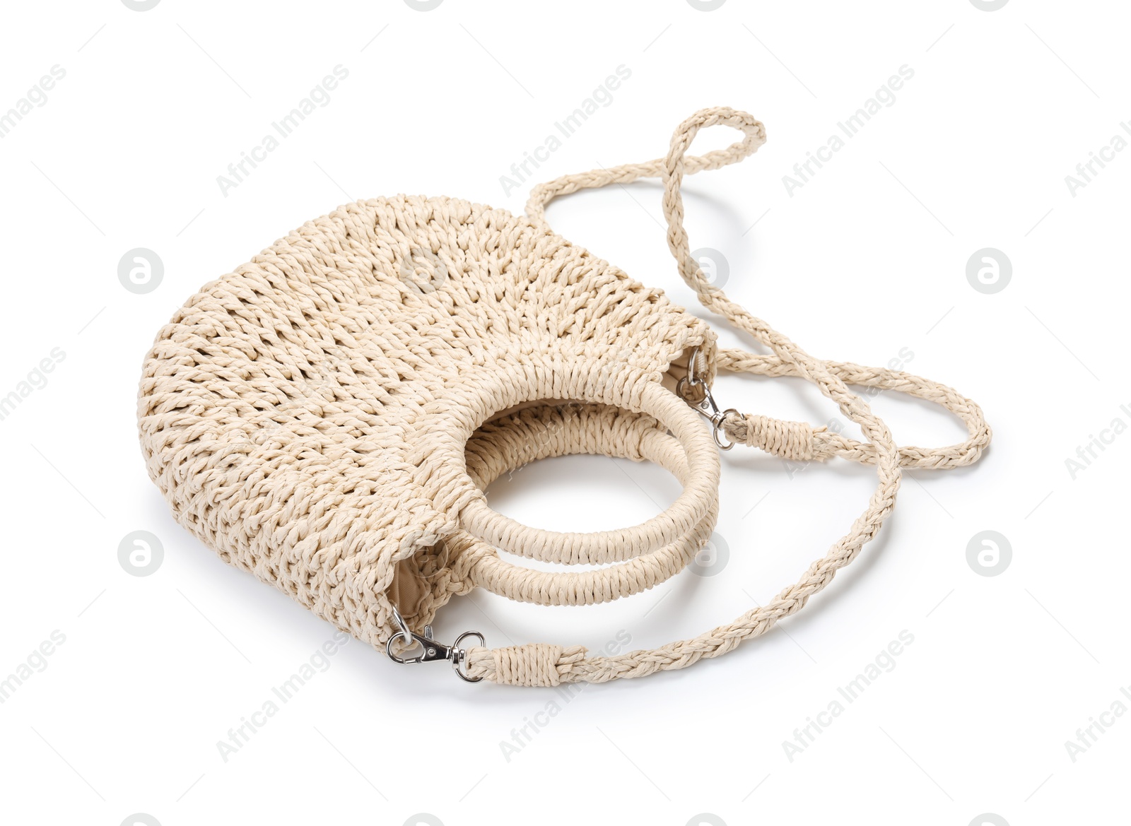 Stylish wicker bag isolated on white. Beach accessory Photo of Stylish wicker bag isolated on white. Beach accessory