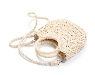 Photo of Stylish wicker bag isolated on white. Beach accessory