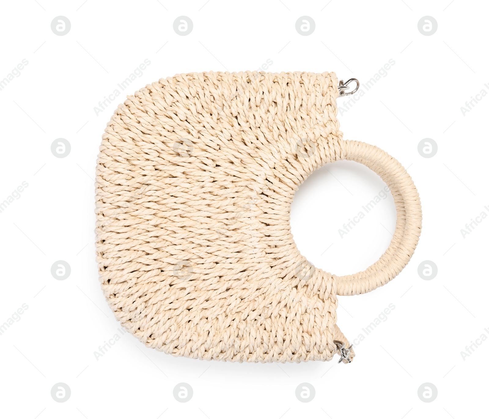 Stylish wicker bag isolated on white, top view. Beach accessory Photo of Stylish wicker bag isolated on white, top view. Beach accessory