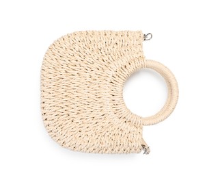 Photo of Stylish wicker bag isolated on white, top view. Beach accessory
