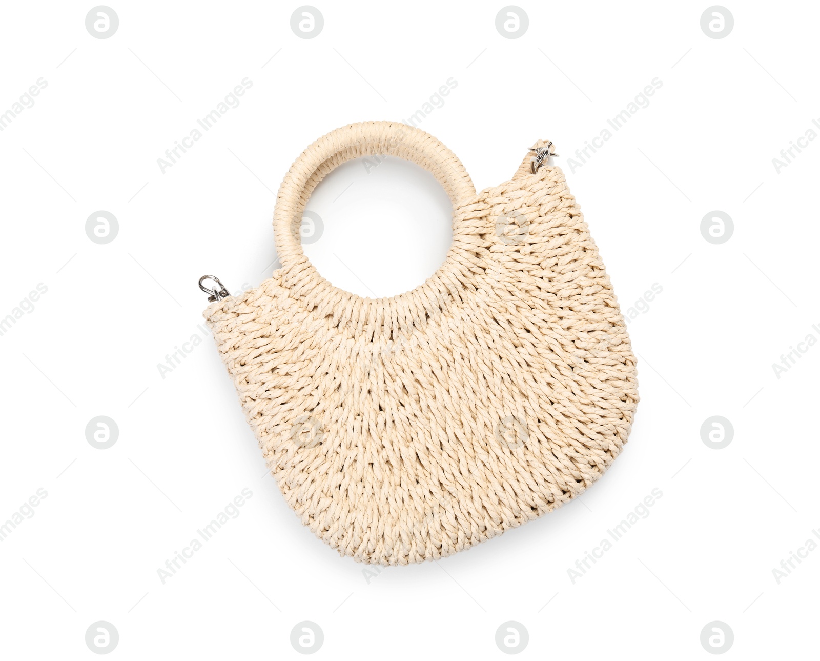 Stylish wicker bag isolated on white, top view. Beach accessory Photo of Stylish wicker bag isolated on white, top view. Beach accessory