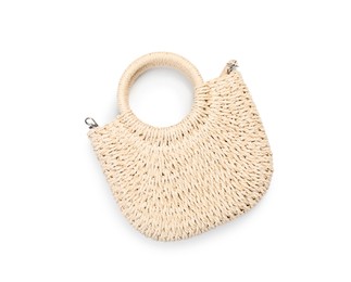 Photo of Stylish wicker bag isolated on white, top view. Beach accessory