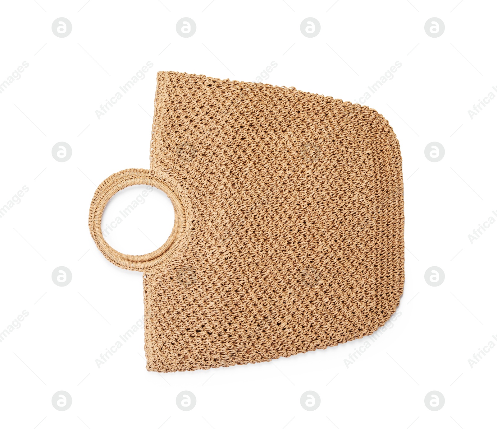 Stylish brown beach bag isolated on white, top view Photo of Stylish brown beach bag isolated on white, top view