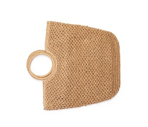 Photo of Stylish brown beach bag isolated on white, top view