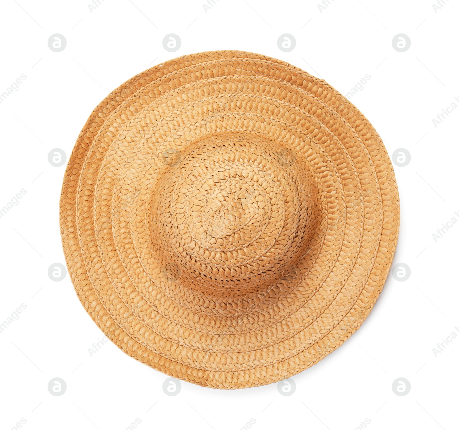 Stylish straw hat isolated on white, top view. Beach accessory Photo of Stylish straw hat isolated on white, top view. Beach accessory