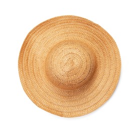 Photo of Stylish straw hat isolated on white, top view. Beach accessory