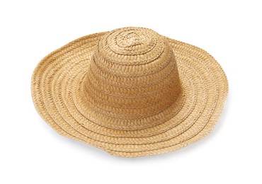 Photo of Stylish straw hat isolated on white. Beach accessory
