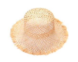 Photo of Stylish straw hat isolated on white. Beach accessory
