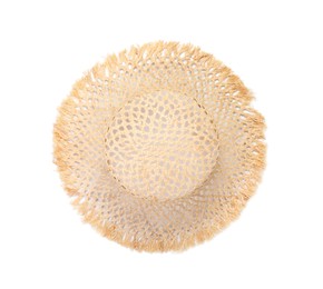 Photo of Stylish straw hat isolated on white, top view. Beach accessory