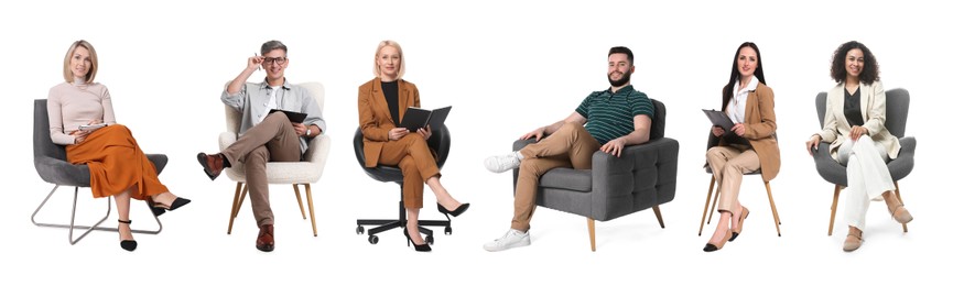Image of Psychologists on white background, collage. Group of specialists
