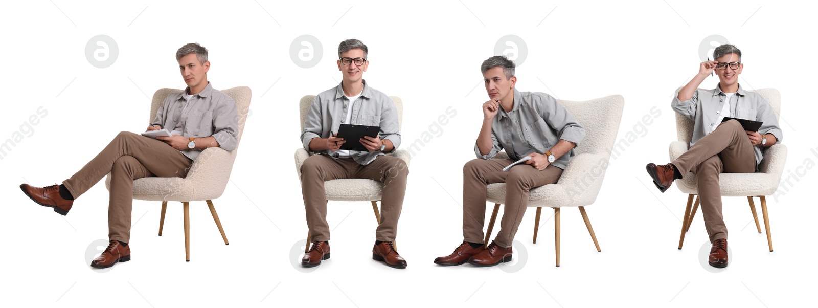 Psychologist in armchair on white background, collage Image of Psychologist in armchair on white background, collage