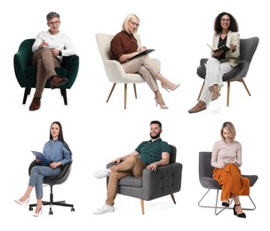 Image of Psychologists on white background, collage. Group of specialists