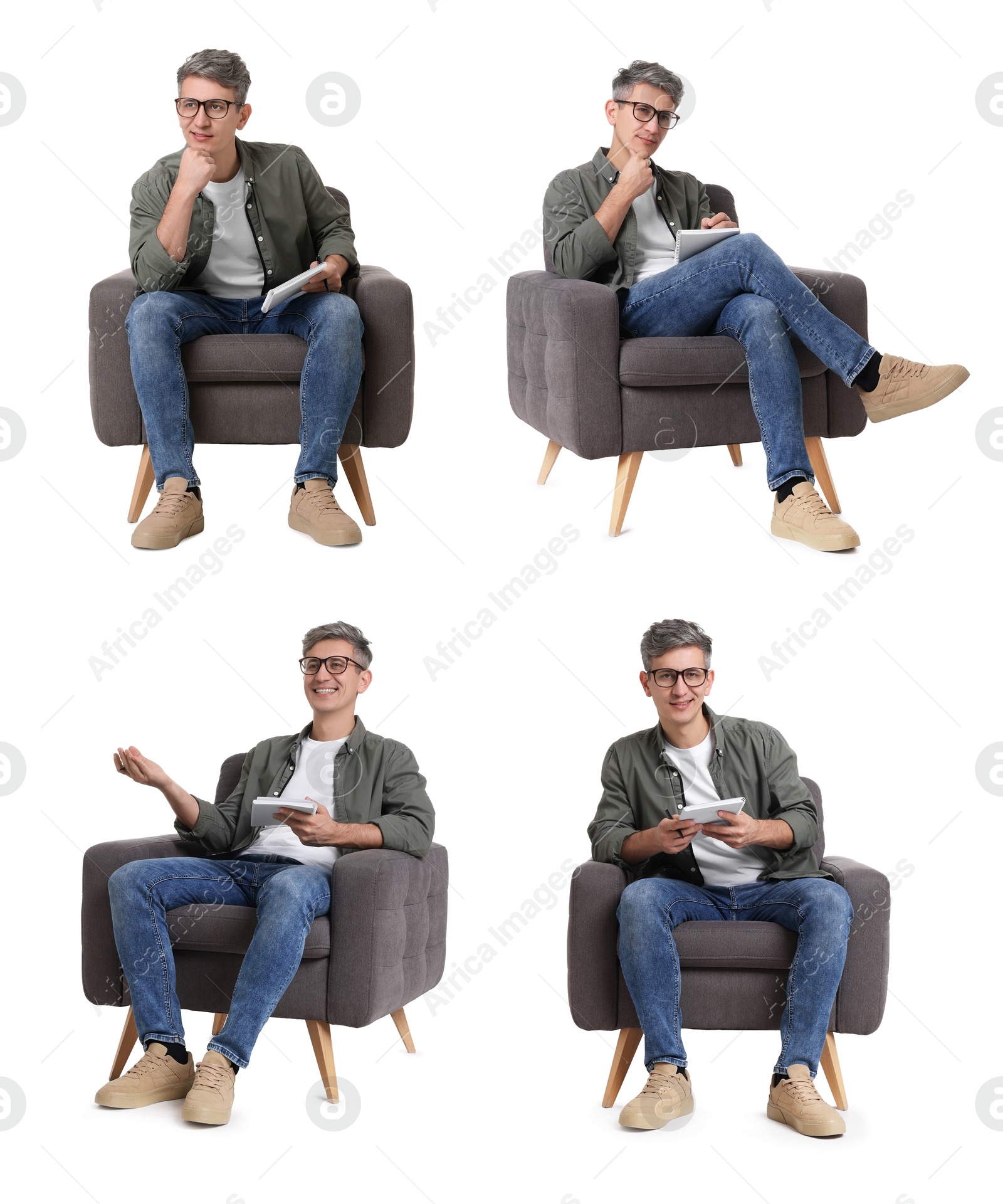 Psychologist in armchair on white background, collage Image of Psychologist in armchair on white background, collage