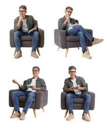 Image of Psychologist in armchair on white background, collage