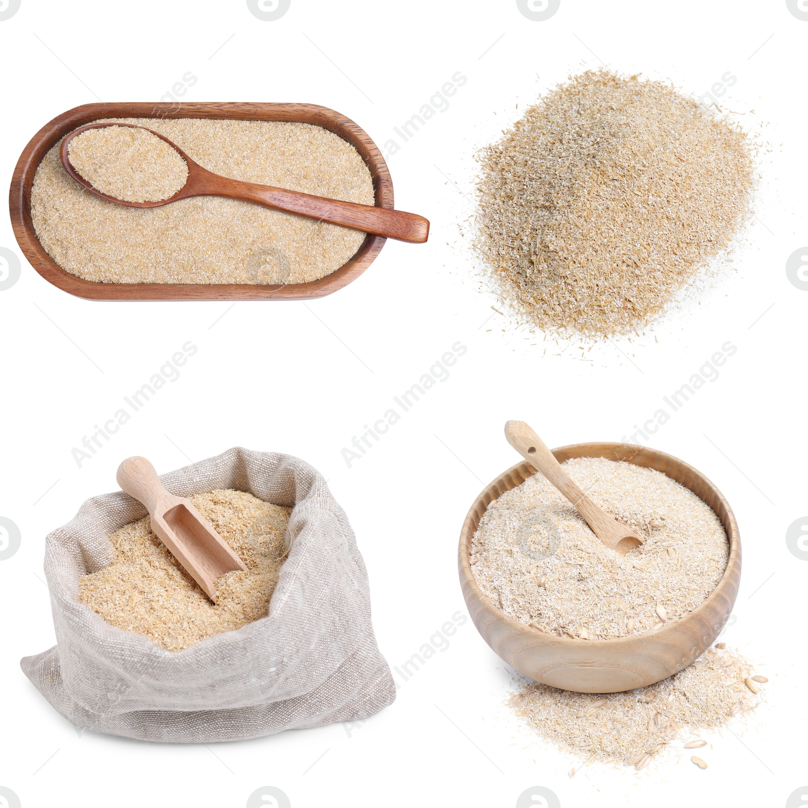 Oat bran and powder on white background, set Image of Oat bran and powder on white background, set