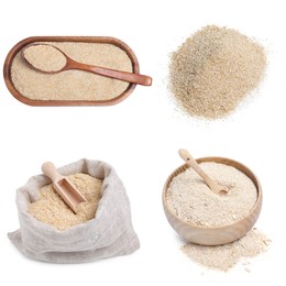 Image of Oat bran and powder on white background, set