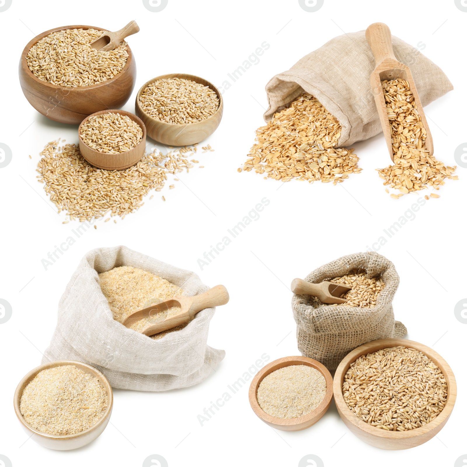 Whole oat grains, bran and rolled flakes isolated on white, set Image of Whole oat grains, bran and rolled flakes isolated on white, set