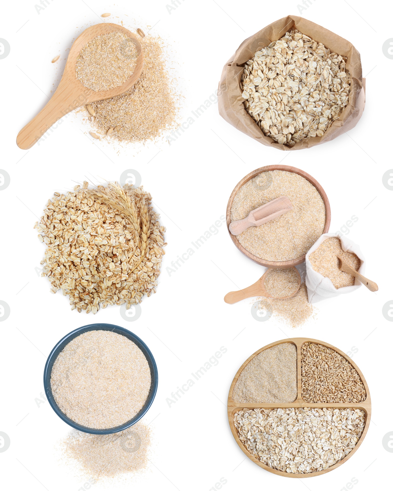 Oat bran, whole grains and rolled flakes isolated on white, set. Top view Image of Oat bran, whole grains and rolled flakes isolated on white, set. Top view