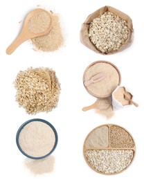 Image of Oat bran, whole grains and rolled flakes isolated on white, set. Top view