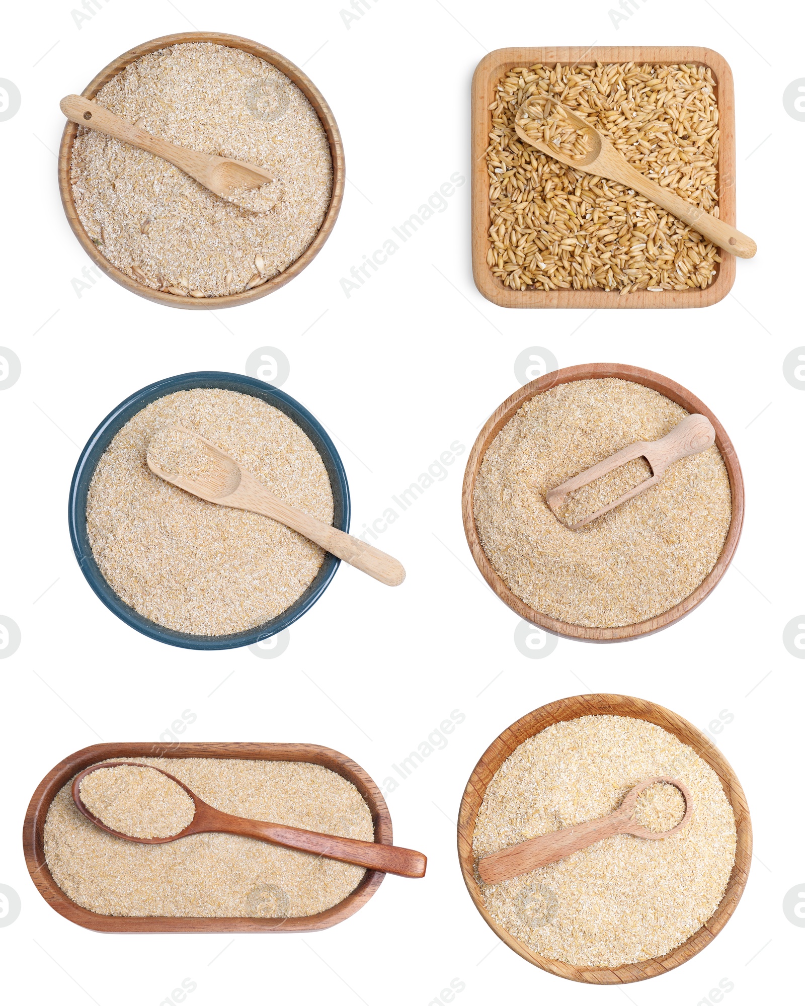 Image of Oat bran, whole grains and powder isolated on white, set. Top view