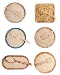 Image of Oat bran, whole grains and powder isolated on white, set. Top view