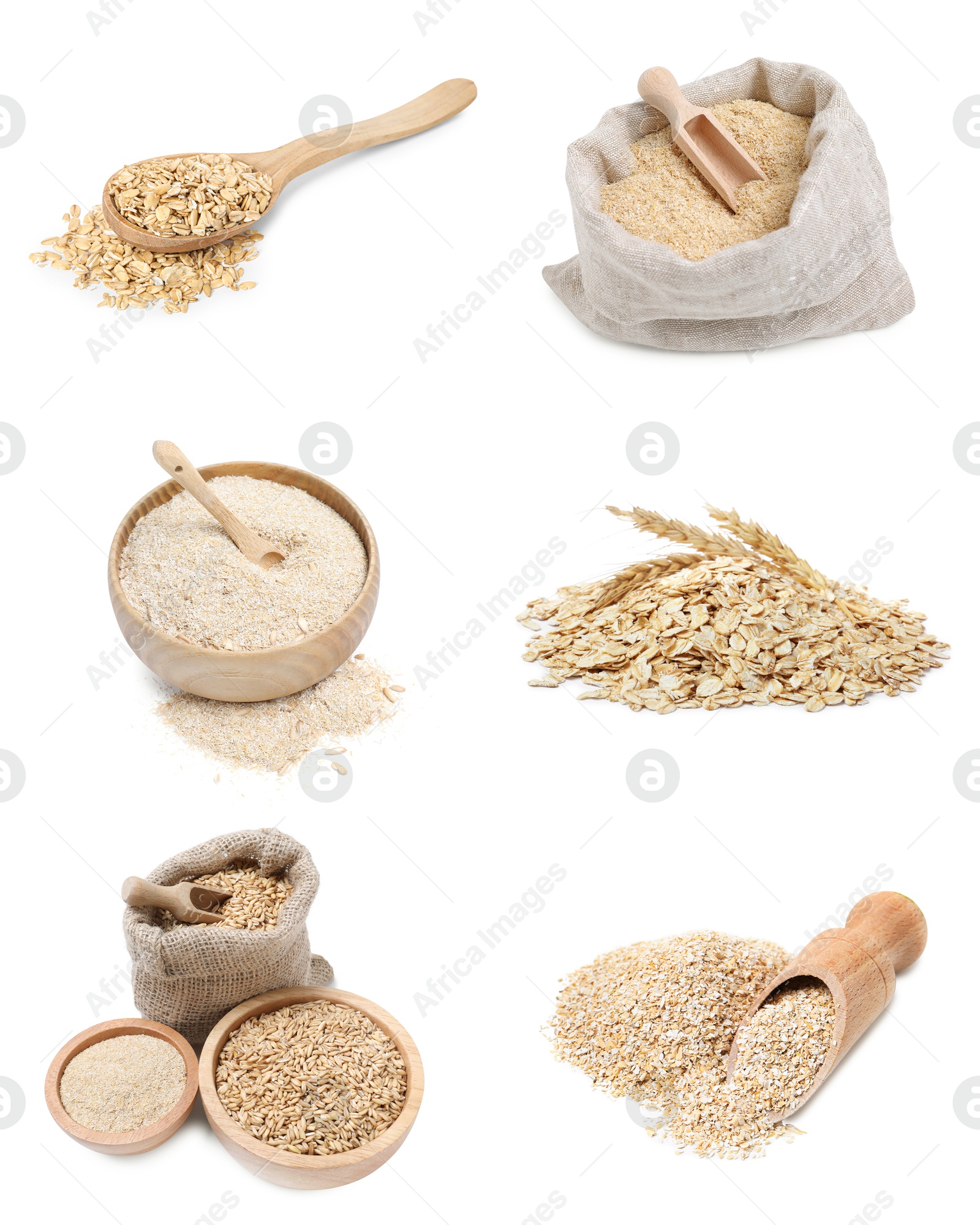 Oat bran, whole grains and rolled flakes isolated on white, set Image of Oat bran, whole grains and rolled flakes isolated on white, set
