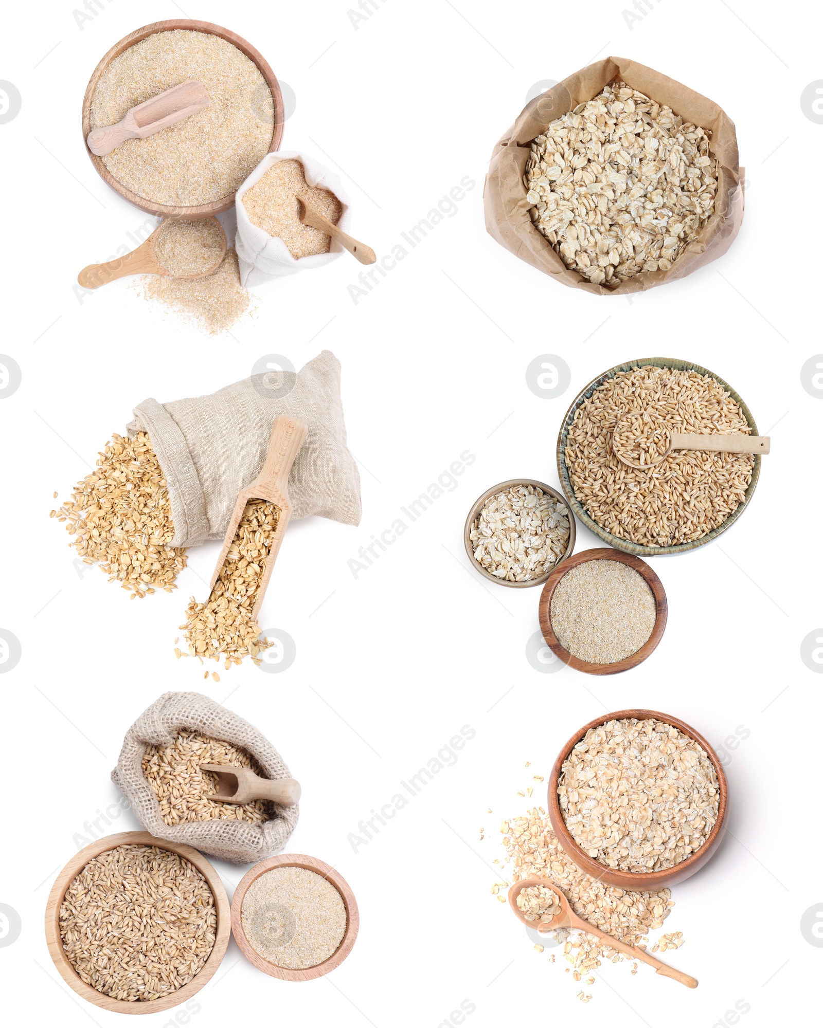 Oat bran, whole grains and rolled flakes isolated on white, set. Top view Image of Oat bran, whole grains and rolled flakes isolated on white, set. Top view